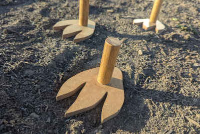 Wooden dinosaur feet models are lined up on soil. 